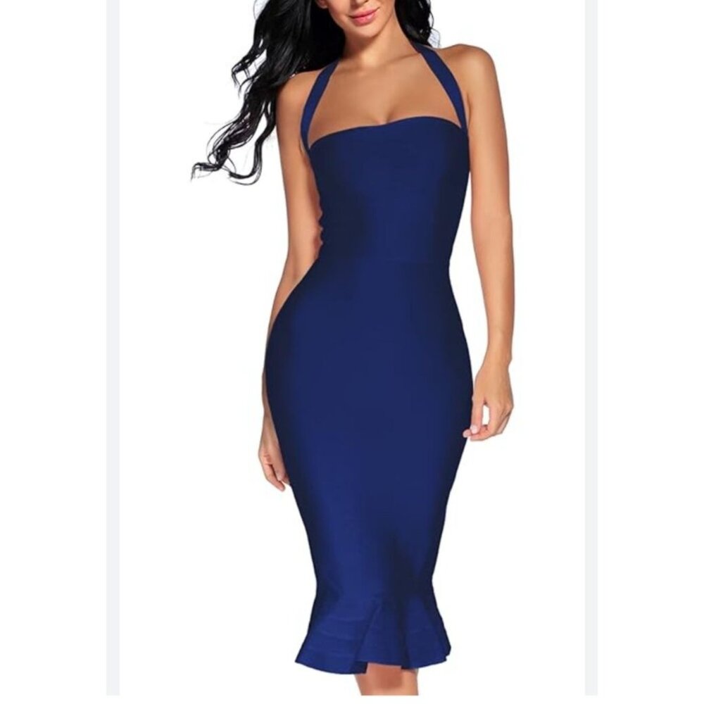 Womens Size XS Bandage Midi Halter Dress Ruffle Hem Zipper Closure Stretch Party